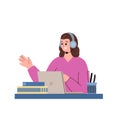 Woman in headphones sitting at laptop, flat cartoon vector illustration isolated. Royalty Free Stock Photo