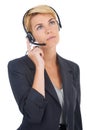 Woman, headset and call centre consultant in studio, customer service and crm by white background. Female person
