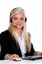 Woman with a headset and computer Hotline