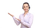 Woman with headset gesturing with hands Royalty Free Stock Photo