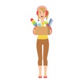 Woman In Headset Holding Box Of Household Chemicals, Cartoon Adult Characters Cleaning And Tiding Up