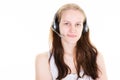 Woman with headset phone in call center isolated white background Royalty Free Stock Photo