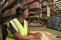 Woman with headset working in on-site office of a warehouse Royalty Free Stock Photo