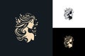 Woman Headshot with Curly Hair and Floral Elements: Vector Logo Design for Women\'s Fashion Clothing Royalty Free Stock Photo