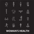 Woman health editable line icons vector set on black background. Woman health white outline illustrations, signs Royalty Free Stock Photo