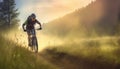 woman healthy cycling forest walking sport summer bike bicycle dark sunset. Generative AI.