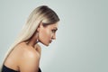 Woman with Healthy Blonde Hairstyle, Makeup and Black Pearls Earrings