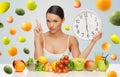 Woman with healthy food and clock warning Royalty Free Stock Photo