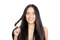 Woman healthy long hair holding her hair Royalty Free Stock Photo