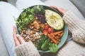 Woman with healthy meal. Bowl with fresh vegetables. Healthy eating or diet. Healthy food plate Royalty Free Stock Photo