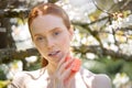 woman with healthy smooth clean skin holding cream jar, use organic cosmetics Royalty Free Stock Photo