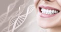 Woman with healthy teeth and smile among DNA chains Royalty Free Stock Photo