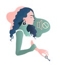 Woman with hear impairment as a symptom of disease. Deaf girl. Hear no sound. Isolated flat vector illustration