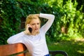 Woman heard bad news. Bad news. Girl blonde tense face talk smartphone green nature background. Woman having mobile Royalty Free Stock Photo