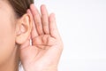 Woman hearing loss or hard of hearing and cupping her hand behind her ear isolate on white background, Deaf concept