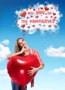 Woman and hearts with valentine question Royalty Free Stock Photo