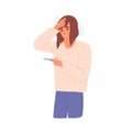 Woman with heat or influenza symptoms checking body temperature vector flat illustration. Sickness female touching head