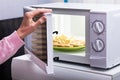 Woman Heating Fried Food In Microwave Oven Royalty Free Stock Photo