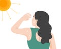 A woman with heatstroke, girl holding hand on head. Flat vector illustration.