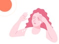 A woman with heatstroke. Having sunstroke, girl holds hand on head and sweating. flat vector illustration