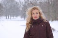 Woman in heavy snowfall Royalty Free Stock Photo