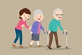 Woman help Elderly couple walking cane