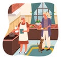 Woman Help Grandmother Cook Soup, Kitchen Interior