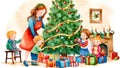 A woman is helping children decorate a Christmas tree. The children are sitting on chairs and are busy putting ornaments on the Royalty Free Stock Photo
