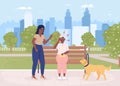 Woman helping old lady with headache flat color vector illustration