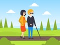 Woman Helping to Blind Woman to Walk, Disabled Person and Volunteer or Friend Helping Her Cartoon Vector Illustration Royalty Free Stock Photo