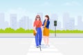 Young blind woman crosses street road with guide dog. Vector illustration. Pets assistance concept Royalty Free Stock Photo