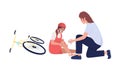 Woman helps crying little girl cyclist semi flat color vector characters.