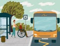 Woman helps disabled senior man in wheelchair to board bus concept vector illustration. Bus ramp for wheelchair Royalty Free Stock Photo