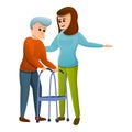 Woman helps an old man icon, cartoon style