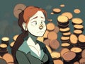 A woman with her arms crossed looking suspiciously at a pile of coins. AI generation