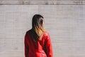 Woman on her back with a casual jacket in a depressing and sad attitude Royalty Free Stock Photo