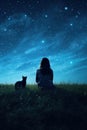 A woman and her cat watching the stars in a field, AI Royalty Free Stock Photo