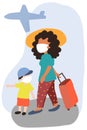 The woman and her child taking mask traveling by plane illustration