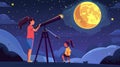 The woman and her daughter look into the telescope as they explore the moon and stars in the sky on a dark night Royalty Free Stock Photo