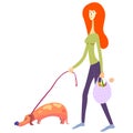 Woman with her dog and with grocery bag. walk with the pet dachshund and shopping. illustration of everyday life. vector eps 8