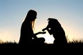 Woman and Her Dog Shaking Hands Silhouette Royalty Free Stock Photo