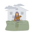 Woman with her dog walking in floodwaters, escaping from flood, leaving drowned home Royalty Free Stock Photo