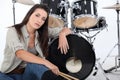 Woman with her drum set Royalty Free Stock Photo