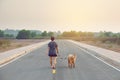 Woman with her golden retriever dog walking on the public road Royalty Free Stock Photo