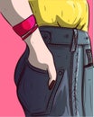 Woman with her hand on the back pocket of the pants. Denim blue jeans closeup illustration Royalty Free Stock Photo