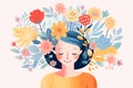 Woman with her head covered with flowers. Mental health and psychological treatment concept. Happiness and joy, dreaming.