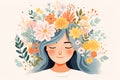 Woman with her head covered with flowers. Mental health and psychological treatment concept. Happiness and joy, dreaming.