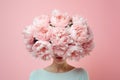 Woman with her head covered with flowers. Mental health, psychological treatment concept. Psychology theme, AI generated