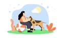 A Woman with her pet. Young Woman playing with her dog. Happy pet lover with dog, Young woman trains her dog. Woman with