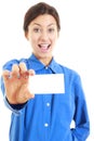 Woman in her 20s in blue shirt showing blank business card Royalty Free Stock Photo